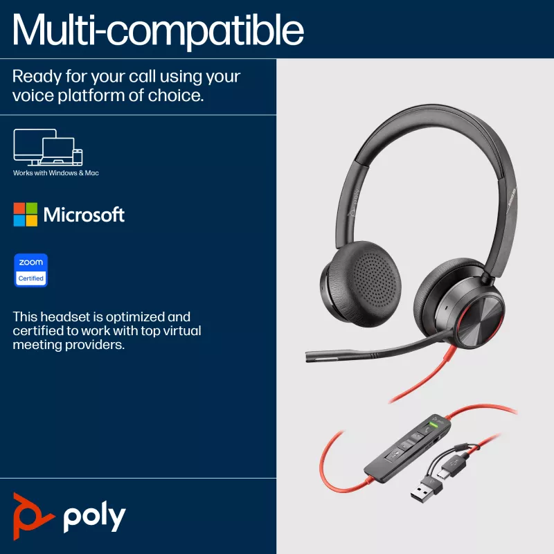 HP Poly Mustwire 8225 Stereo USB-C Peakomplekt +USB-C/A Adapter