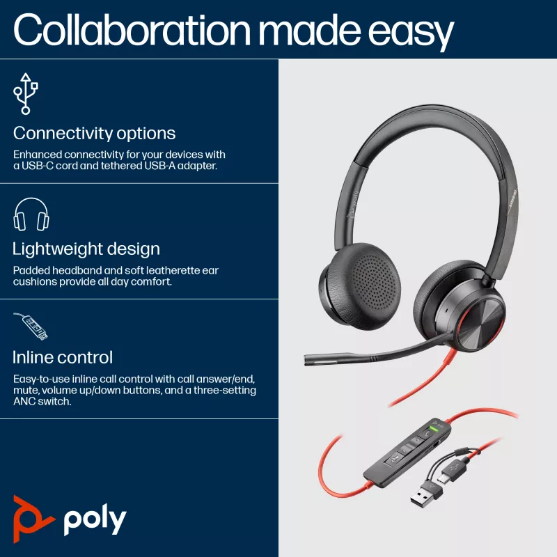 HP Poly Mustwire 8225 Stereo USB-C Peakomplekt +USB-C/A Adapter