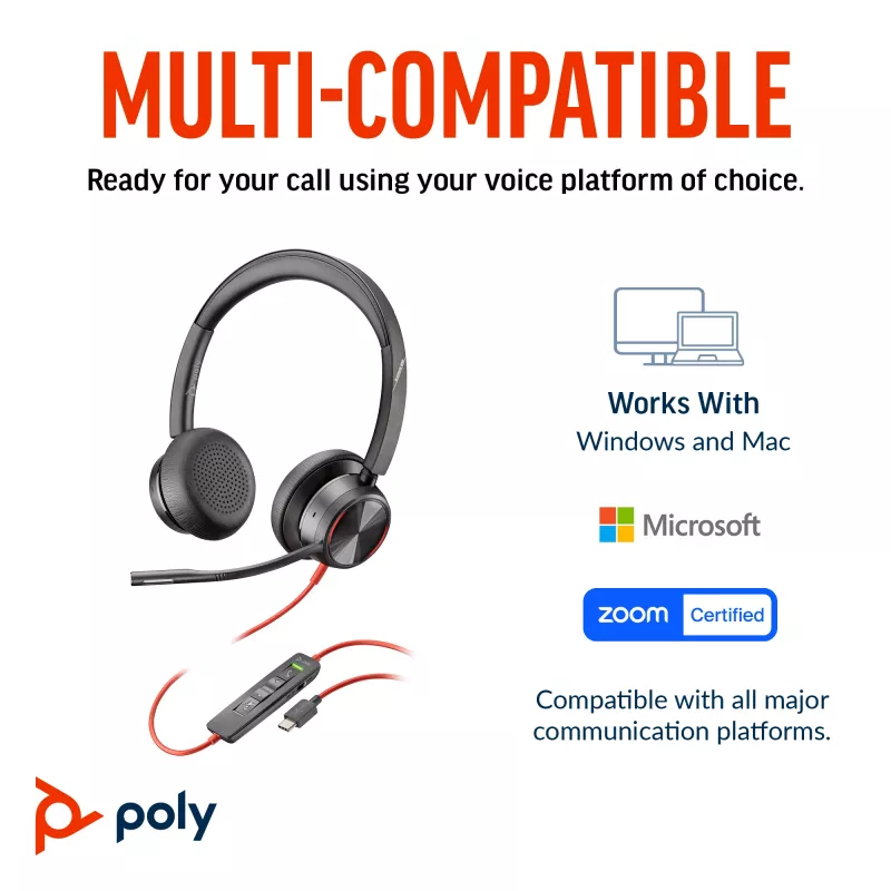 HP Poly Mustwire 8225 Stereo USB-C Peakomplekt +USB-C/A Adapter