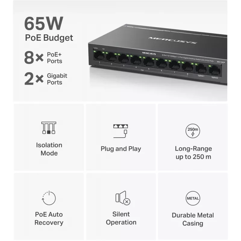 Mercusys MS110CP võrgukommutaator PoE toega Must