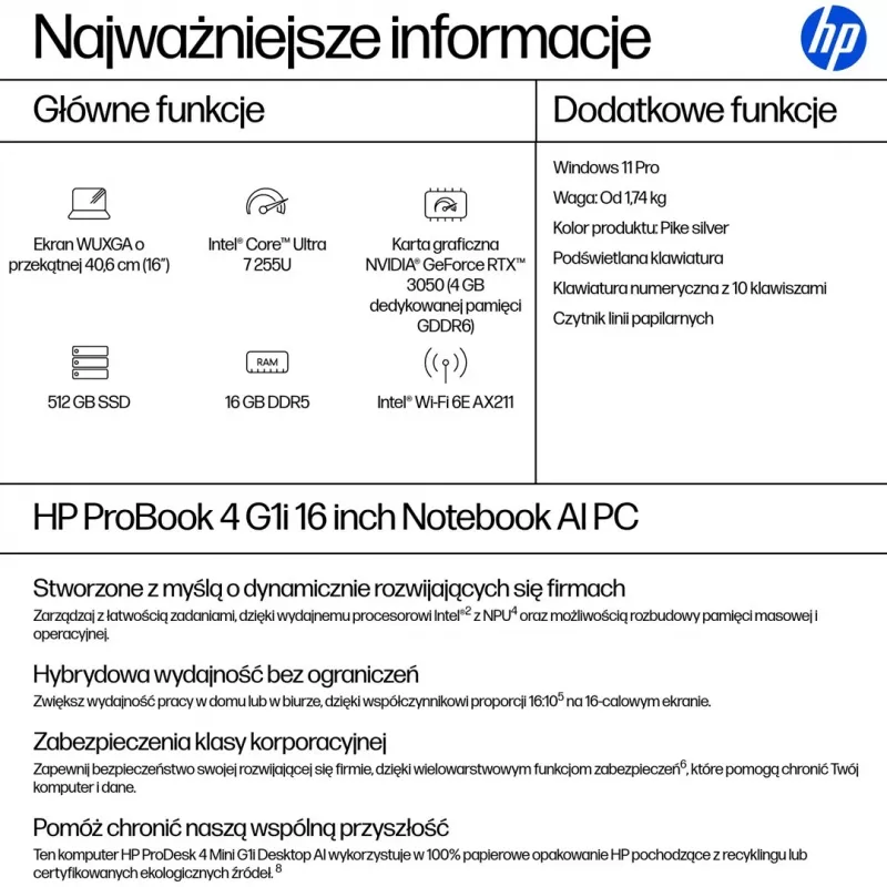 HP ProBook 4 G1i 16 Intel Core Ultra 7 255U 16inch 16GB DDR5 512GB M.2 PCIe UMA W11P 3YW