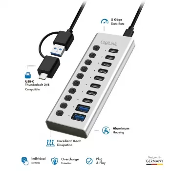 USB 3.2 Gen1 10 pordiga jaotur USB-A/C, sisse/välja lülitiga