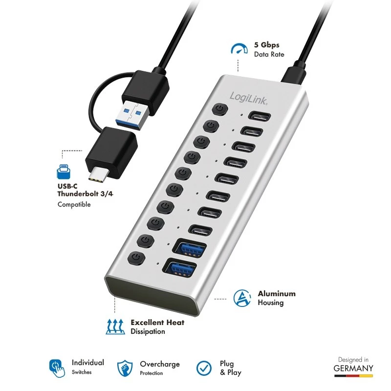 USB 3.2 Gen1 10 pordiga jaotur USB-A/C, sisse/välja lülitiga