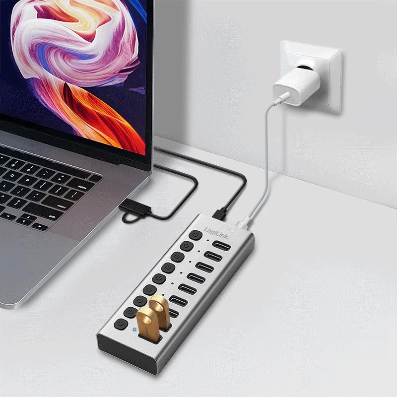 USB 3.2 Gen1 10 pordiga jaotur USB-A/C, sisse/välja lülitiga