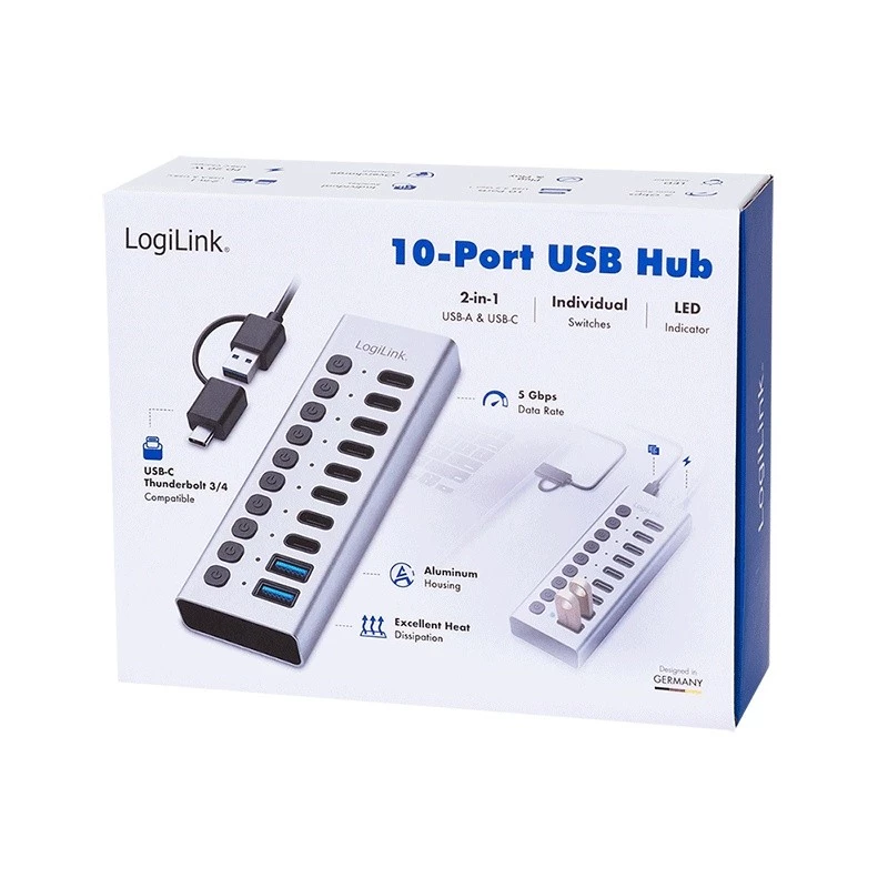 USB 3.2 Gen1 10 pordiga jaotur USB-A/C, sisse/välja lülitiga