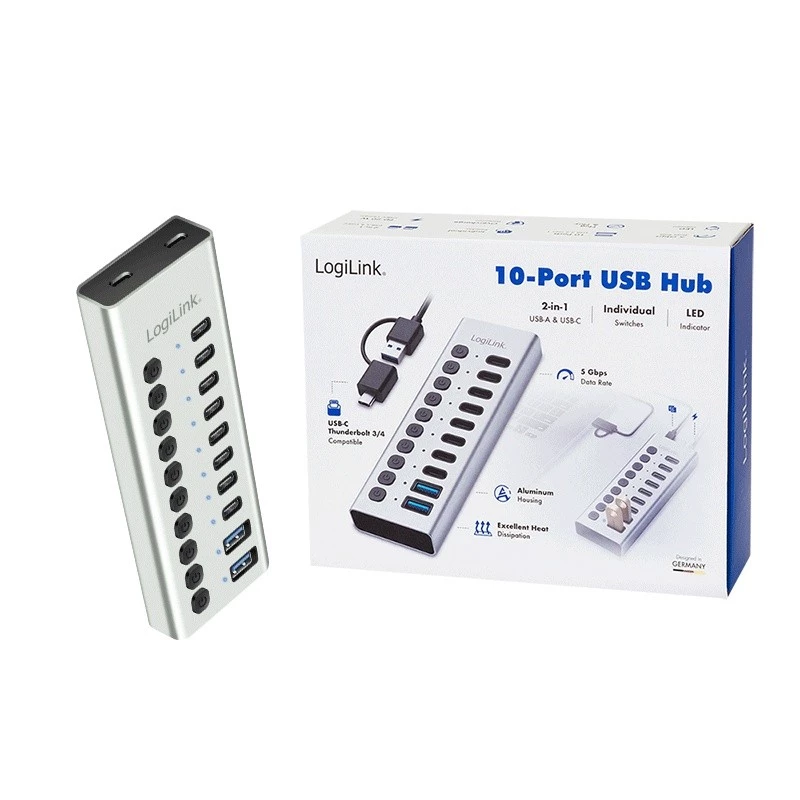 USB 3.2 Gen1 10 pordiga jaotur USB-A/C, sisse/välja lülitiga