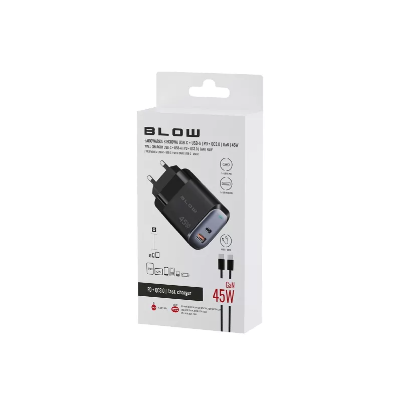 Seinalaadija USB-A USB-C PD 45W + kaabel