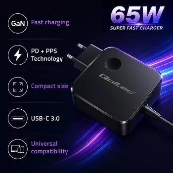 GaN 65W laadija USB C PD PPS 5V 21V 3A 3.25A