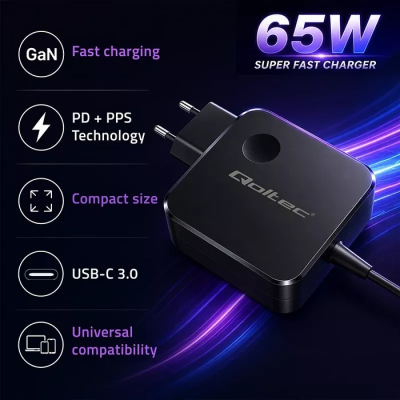 GaN 65W laadija USB C PD PPS 5V 21V 3A 3.25A