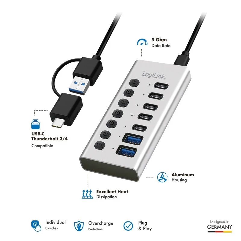 Hub USB 3.2 Gen1 7 porti USB-A/C, sisse/välja lüliti