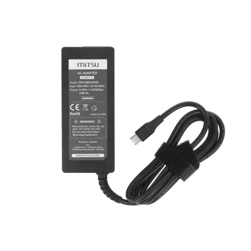 Sülearvuti laadija toiteplokk 65W USB-C 5V-9V-12V-15V-20V/3A, 20V/3.25A PD