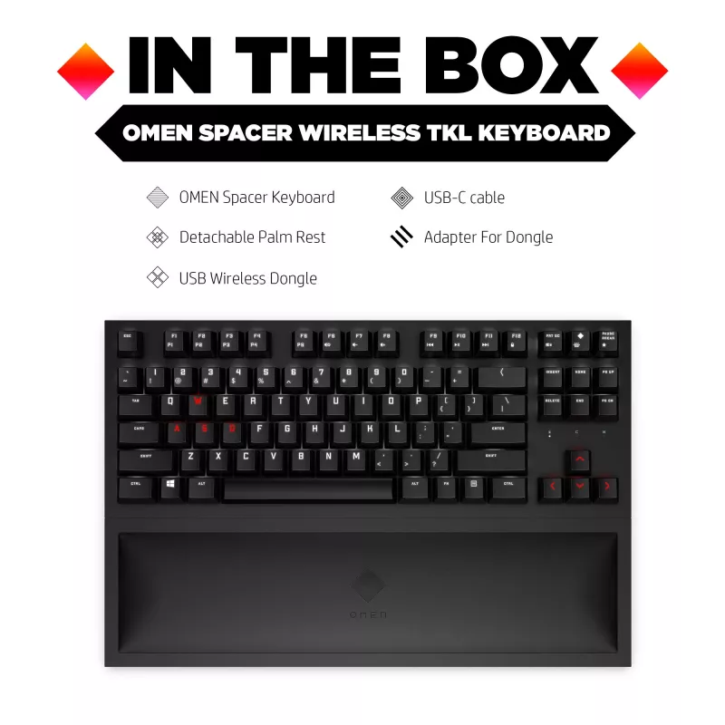 HP OMEN Spacer Wireless TKL klaviatuur, täissuuruses (100%), juhtmevaba, RF-juhtmevaba, mehaaniline, must
