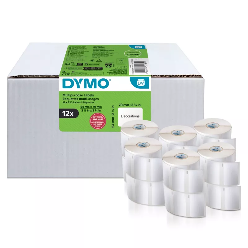 DYMO autentsed LabelWriter mitmeotstarbelised sildid | 54 mm x 70 mm | isekleepuvad | 12 rulli, igas 320 kergesti eemaldatavat silti (kokku 3840 tk) | LabelWriteri sildivalmistajatele | Valmistatud Euroopas