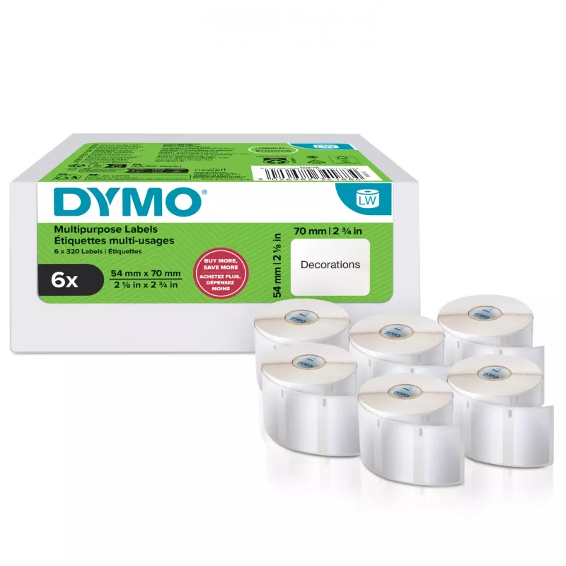 DYMO autentsed LabelWriter mitmeotstarbelised sildid | 54 mm x 70 mm | isekleepuvad | 6 rulli 320 kergesti eemaldatava sildiga (kokku 1920 tk) | LabelWriter sildimasinatele | valmistatud Euroopas