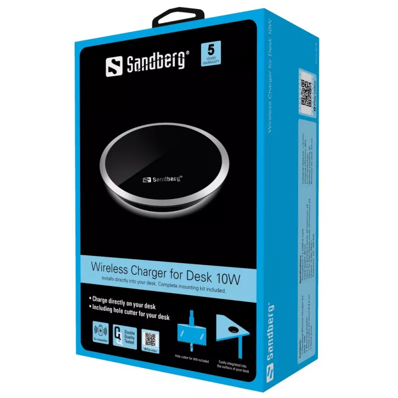 Sandberg Wireless Charger for Desk 10W, siseruumides, USB, juhtmevaba laadimine, 0,8 m, must