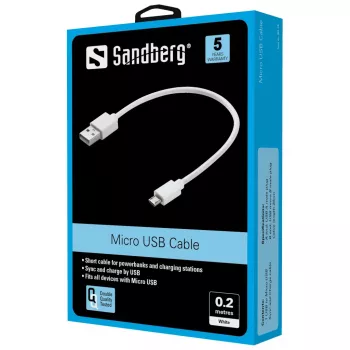 Sandberg MicroUSB sünkroonimis-/laadimiskaabel 0,2 m, 0,2 m, USB A, Micro-USB B, USB 2.0, valge