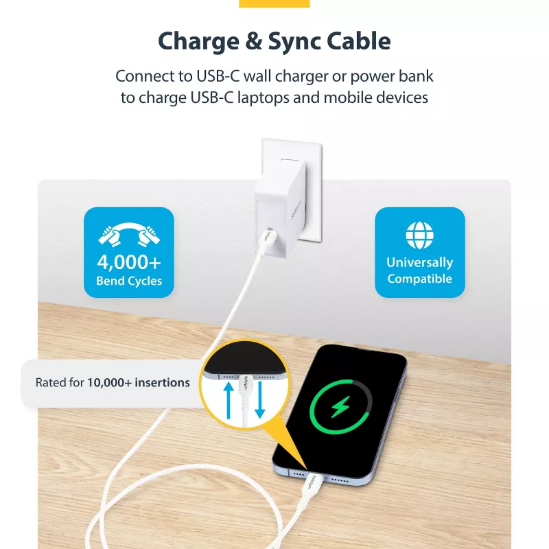 StarTech.com 1 m (3,3 jalga) valge USB-C laadimiskaabel 2 tk pakendis, USB-C kaabel, USB 2.0 USB-C sülearvuti laadimisjuhe, 60 W 3 A toiteedastus, TPE mantel, USB-C andmeedastuskaabel, M/M