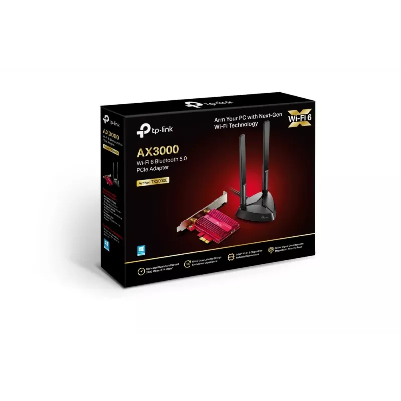 TP-Link AX3000 Wi-Fi 6 Bluetooth 5.0 PCIe adapter, sisemine, juhtmevaba, PCI Express, WLAN / Bluetooth, 2402 Mbit/s, must, punane