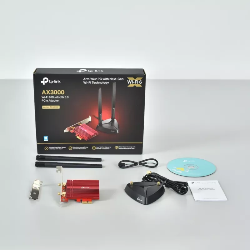 TP-Link AX3000 Wi-Fi 6 Bluetooth 5.0 PCIe adapter, sisemine, juhtmevaba, PCI Express, WLAN / Bluetooth, 2402 Mbit/s, must, punane
