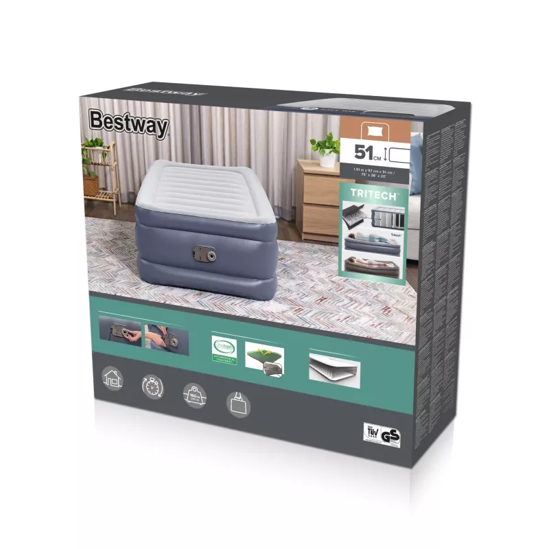 Bestway Tritech Air Mattress Twin koos sisseehitatud vahelduvvoolupumba ja antimikroobse kattega, 1.91 m x 97 cm x 51 cm
