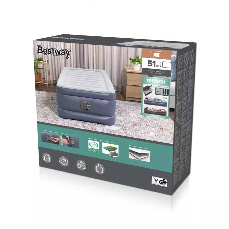 Bestway Tritech Air Mattress Twin koos sisseehitatud vahelduvvoolupumba ja antimikroobse kattega, 1.91 m x 97 cm x 51 cm