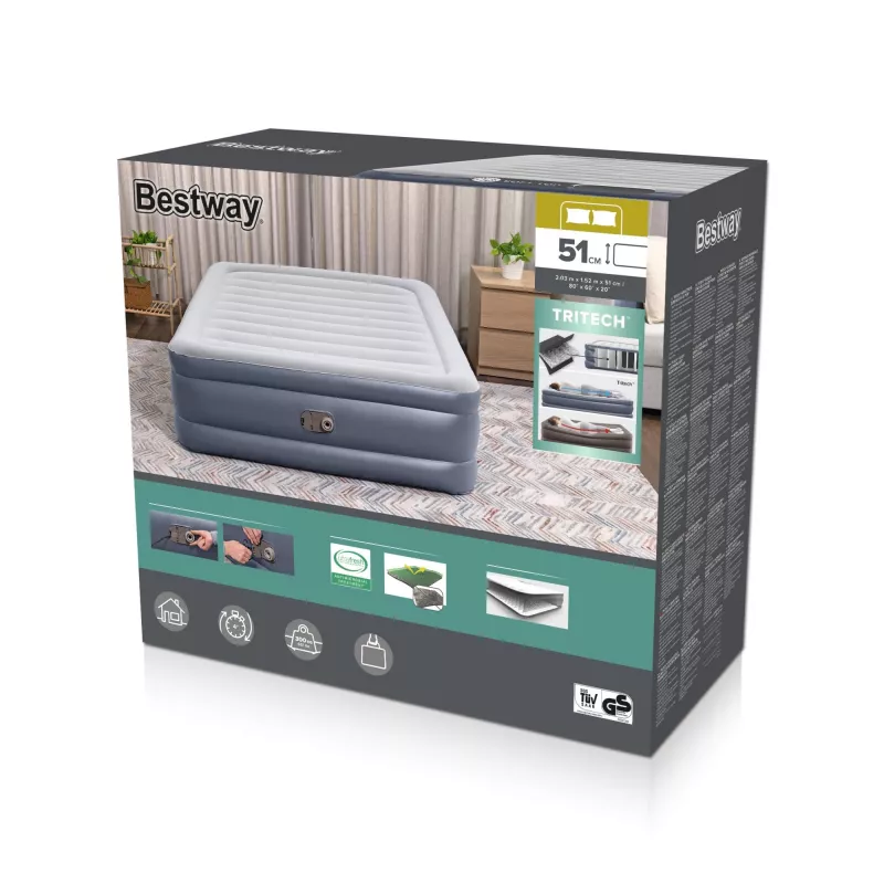 Bestway Tritech Queen täispuhutav madrats sisseehitatud vahelduvvoolupumba ja antimikroobse kattega 2,03 m x 1,52 m x 51 cm