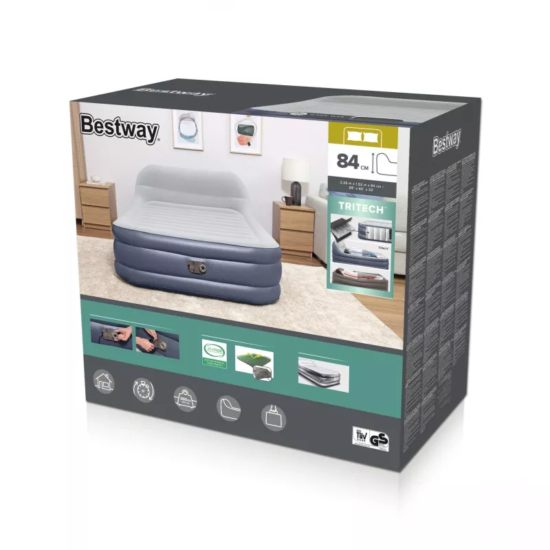 Bestway Tritech SleekFlow peatugiga õhkmadrats Queen, sisseehitatud vahelduvvoolupumba ja antimikroobse kattega, 2,26 m x 1,52 m x 84 cm