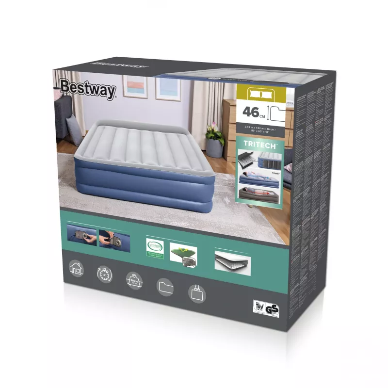 Bestway Tritech Air Mattress Queen koos Built-in AC Pump and Antimicrobial Coating 2.03 m x 1.52 m x 46 cm