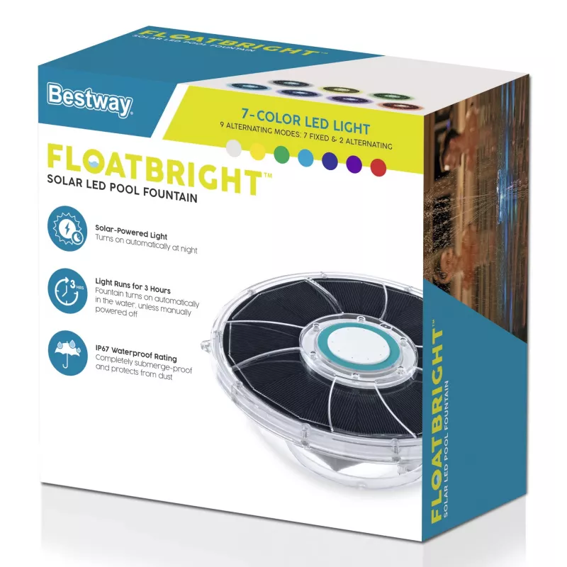 Bestway FloatBright päikeseenergial töötav LED-basseinipurskkaev, basseinipurskkaev, ABS, polüetüleentereftalaat (PET), roostevaba teras, EMC/EN60598/EN60335, aku, 5 V, 182 mm