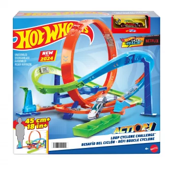 Hot Wheels Action Loop Cyclone väljakutse rajakomplekt 1:64 mõõtkavas mänguautoga, lihtne hoiustamine