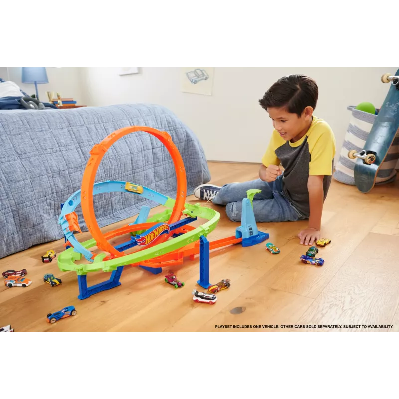 Hot Wheels Action Loop Cyclone väljakutse rajakomplekt 1:64 mõõtkavas mänguautoga, lihtne hoiustamine