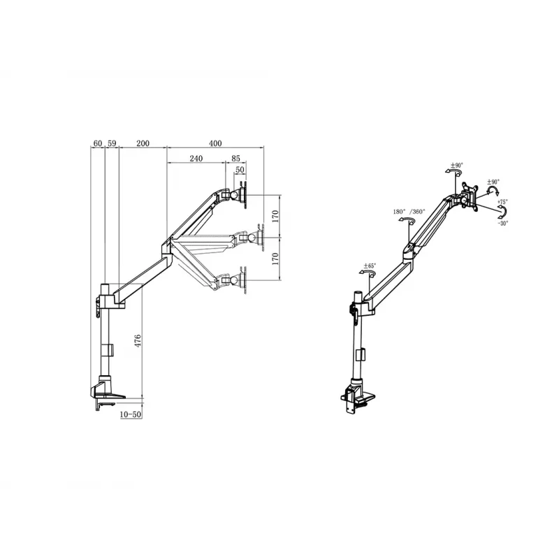 Multibrackets M VESA gaasitõstukiga monitori käsi üksikpost, klamber, 10 kg, 38,1 cm (15 tolli), 81,3 cm (32 tolli), 100 x 100 mm, must