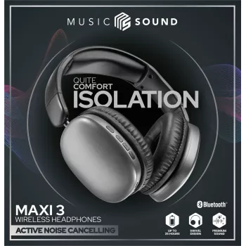 Music Sound MAXI3 MAXI3 juhtmevabad kõrvaklapid aktiivse mürasummutusega: kaasahaarav ja segamisvaba kuulamiskogemus, kuni 35 tundi aku kestvust. Kaasaegne disain, mugavus, stiil ja võimas, murranguline heli.