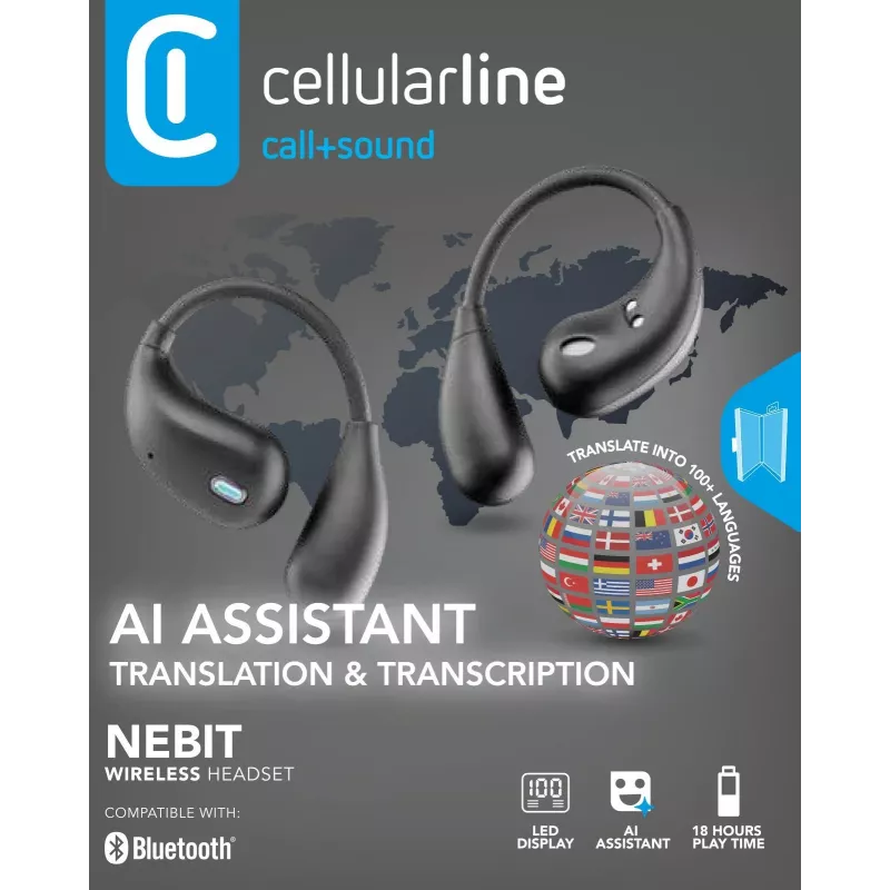 Cellularline Nebit – TWS-tõlk NEBIT TWS kõrvaklapid reaalajas tõlkefunktsiooniga. Elegantsed ja intelligentsed, loodud keelebarjääride murdmiseks ning kohese suhtluse ja transkriptsiooni toetamiseks.