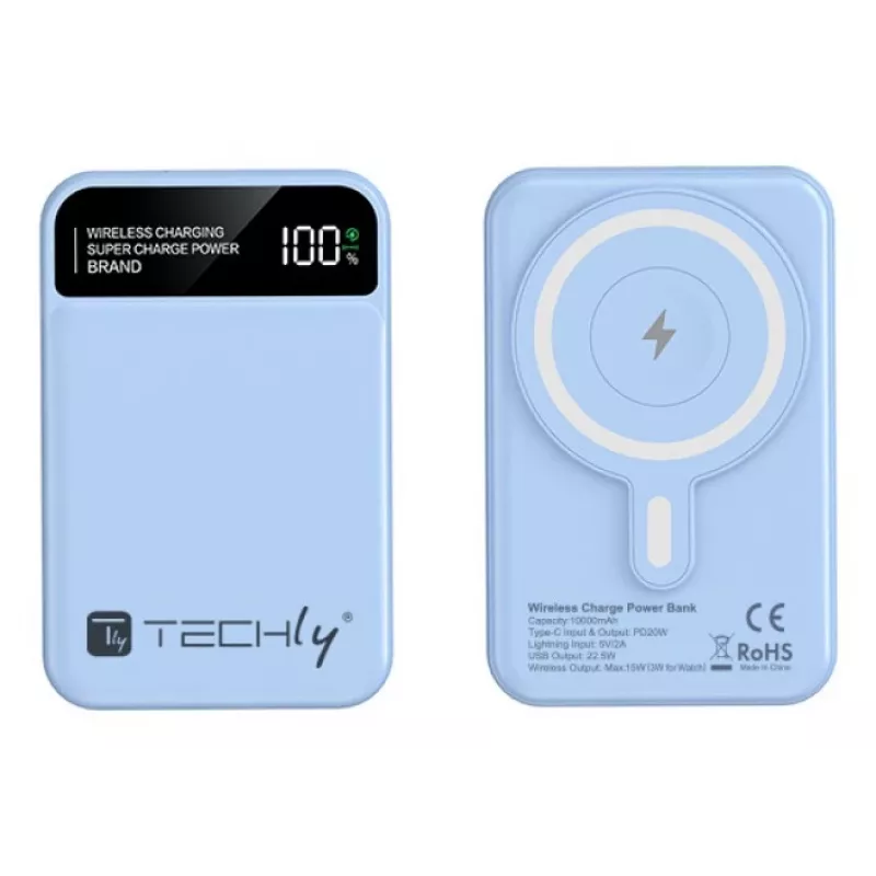 Techly I-CHARGE-10LCDBL akupank Liitium-polümeer (LiPo) 10000 mAh Juhtmevaba laadimine Sinine