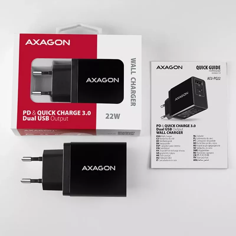 Axagon ACU-PQ22 mobiilseadme laadija Mobiiltelefon, Akupank, Nutitelefon, Nutikell, Tahvelarvuti, Universaalne Must Vahelduvvool Kiirlaadimine Sisetingimustes