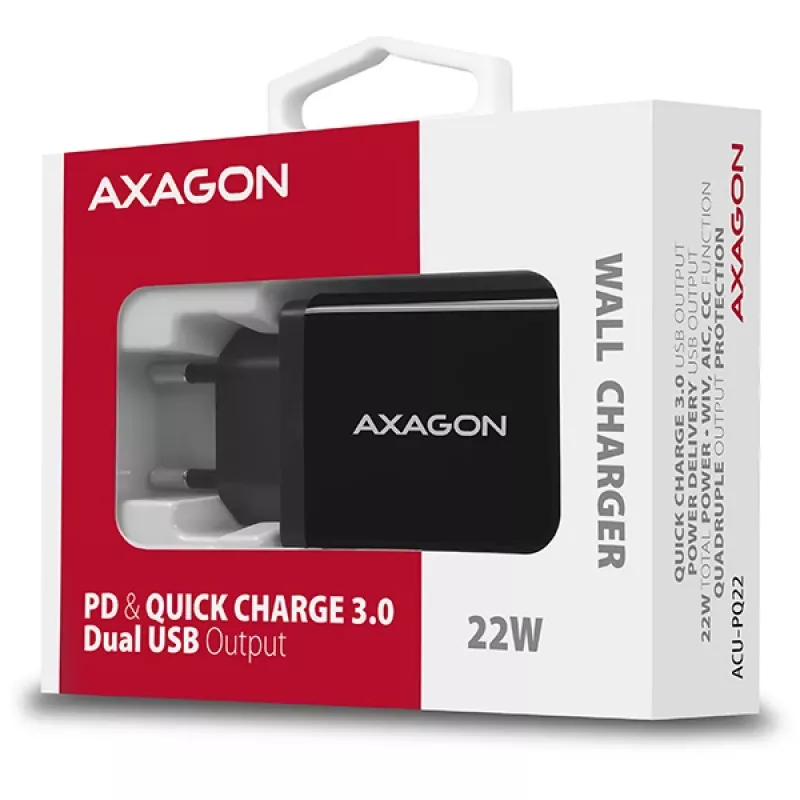 Axagon ACU-PQ22 mobiilseadme laadija Mobiiltelefon, Akupank, Nutitelefon, Nutikell, Tahvelarvuti, Universaalne Must Vahelduvvool Kiirlaadimine Sisetingimustes