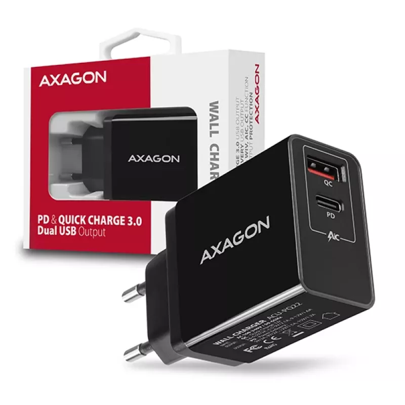 Axagon ACU-PQ22 mobiilseadme laadija Mobiiltelefon, Akupank, Nutitelefon, Nutikell, Tahvelarvuti, Universaalne Must Vahelduvvool Kiirlaadimine Sisetingimustes