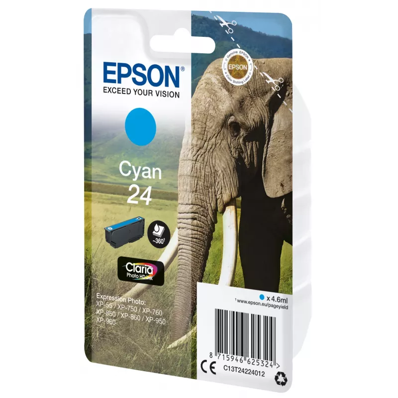 Epson Elephant Singlepack tsüaan 24 Claria Photo HD tint, tsüaan, 4,6 ml, 1 tk, 360 lehekülge