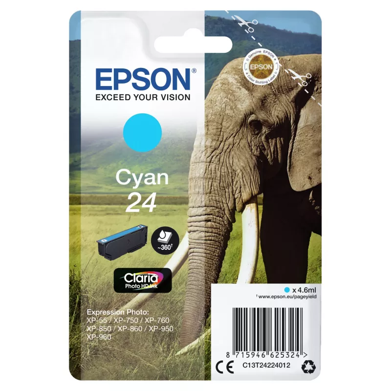 Epson Elephant Singlepack tsüaan 24 Claria Photo HD tint, tsüaan, 4,6 ml, 1 tk, 360 lehekülge