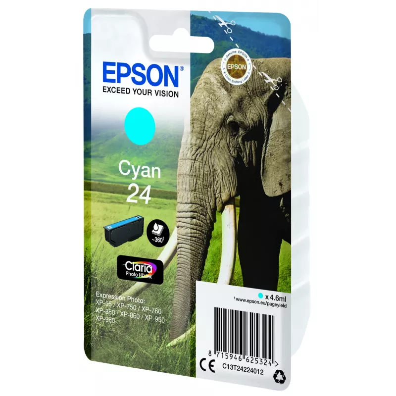 Epson Elephant Singlepack tsüaan 24 Claria Photo HD tint, tsüaan, 4,6 ml, 1 tk, 360 lehekülge