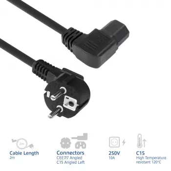ACT toitejuhe pistikuga CEE7/7 isane (nurk-ühendusega) - C15 (vasakpoolne nurk) IEC60320 must 2 m