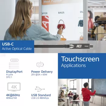 ACT USB-C 3.2 Gen2 aktiivne optiline kaabel (AOC), puutepaneelidele, video, andmed, toide, 3m