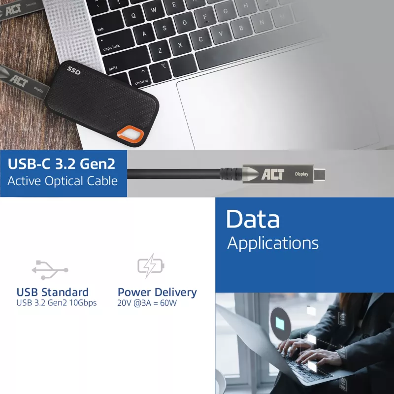 ACT USB-C 3.2 Gen2 aktiivne optiline kaabel (AOC), puutepaneelidele, video, andmed, toide, 3m