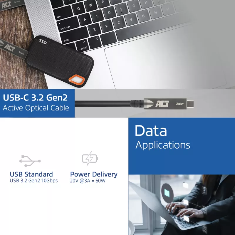 ACT USB-C 3.2 Gen2 Active Optical kaabel (AOC), puutepaneelidele, video, andmed, toide, 5m