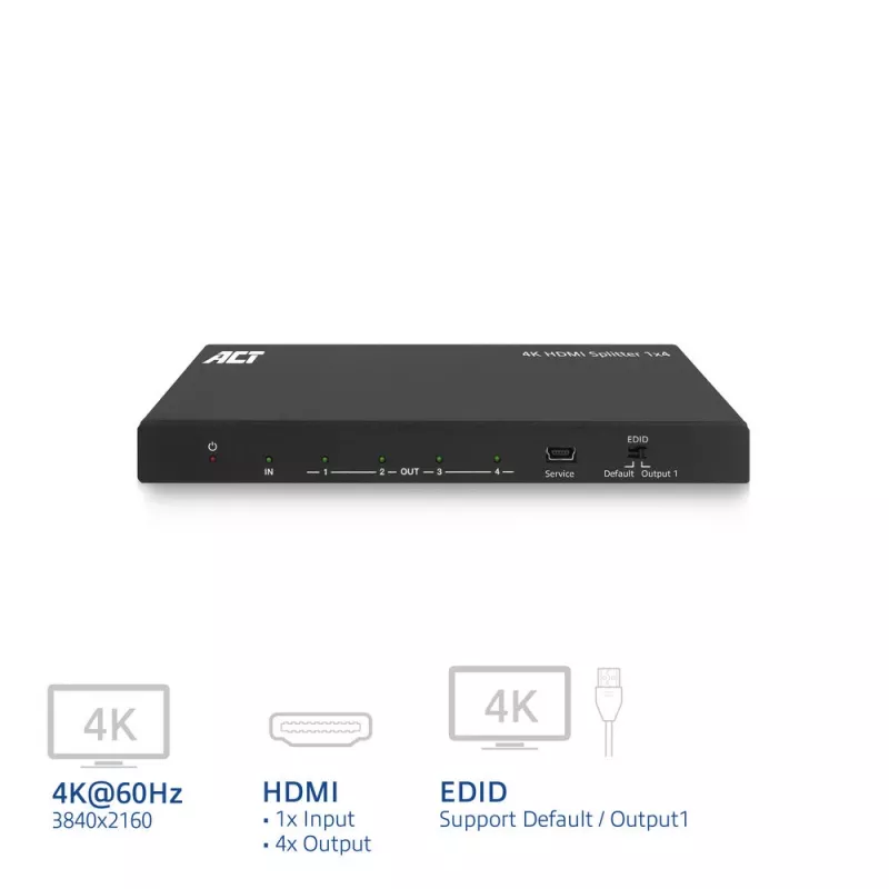 ACT 4K HDMI splitter, 1 in 4 out, EDID support, HDMI, 4x HDMI, 3840 x 2160 pikslit, Must, 4K Ultra HD, 10,2 Gbit/s