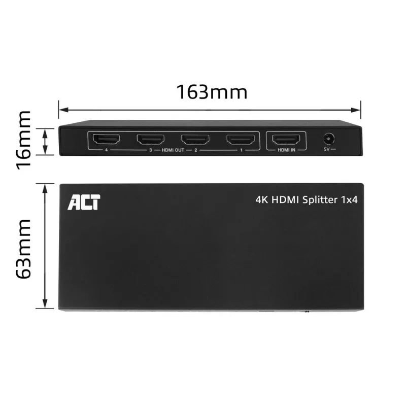 ACT 4K HDMI splitter, 1 in 4 out, EDID support, HDMI, 4x HDMI, 3840 x 2160 pikslit, Must, 4K Ultra HD, 10,2 Gbit/s