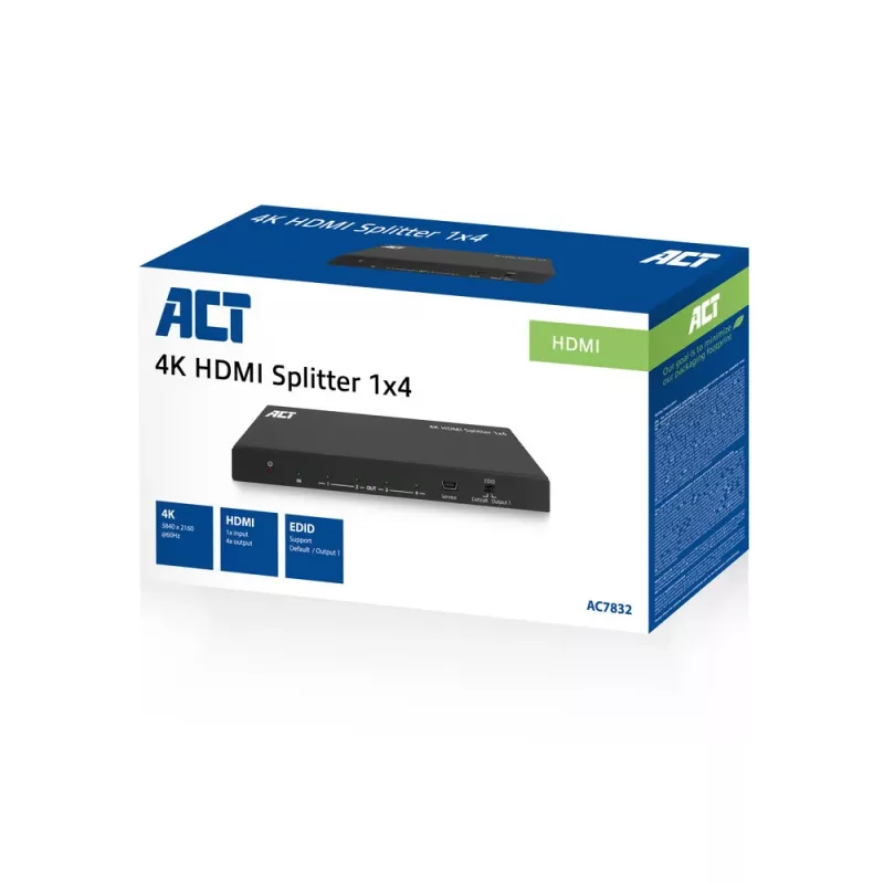 ACT 4K HDMI splitter, 1 in 4 out, EDID support, HDMI, 4x HDMI, 3840 x 2160 pikslit, Must, 4K Ultra HD, 10,2 Gbit/s