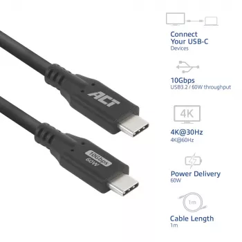 ACT USB 3.0 10Gbps 60W USB-C-kaabel, 1 meeter, 1 m, USB C, USB C, USB 3.2 Gen 2 (3.1 Gen 2), 10 Gbit/s, must
