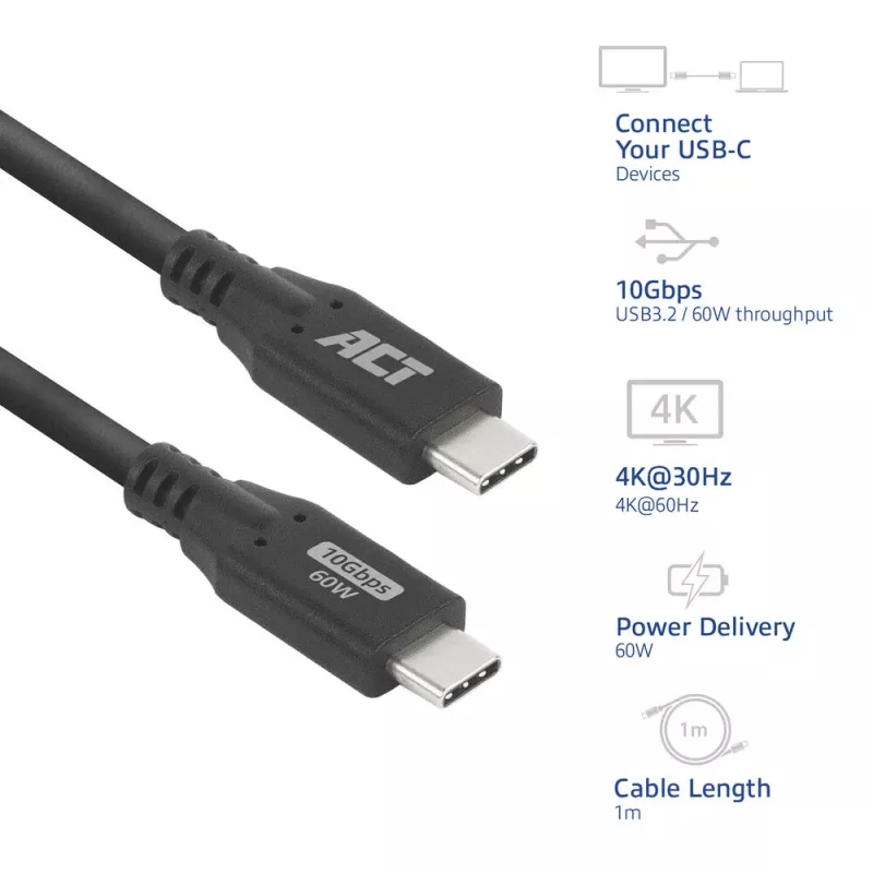 ACT USB 3.0 10Gbps 60W USB-C-kaabel, 1 meeter, 1 m, USB C, USB C, USB 3.2 Gen 2 (3.1 Gen 2), 10 Gbit/s, must